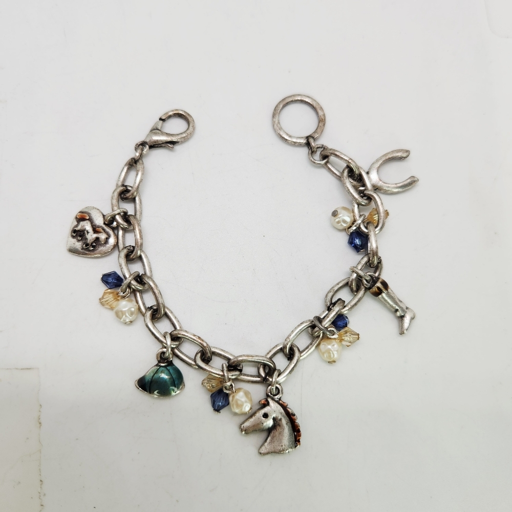 Vintage Silver Tone Charm Bracelet Horse Equestrian  Horseshoe Boot Heart Rare